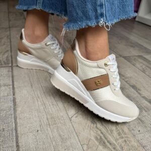 Zapato Taco Chino de Mujer Beige con Camel