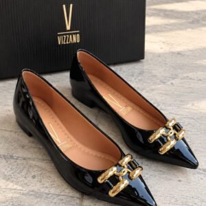Chatita Vizzano Punta Stiletto Negro Charol Hebilla Dorado